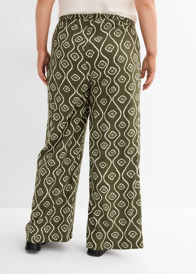 Pantalon à taille élastiquée en viscose fluide, Couleur: olive foncé imprimé