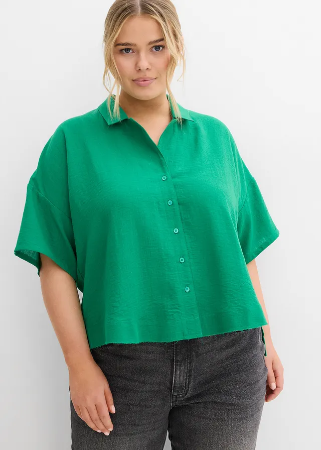 Oversized overhemdblouse, Kleur: edelsteengroen