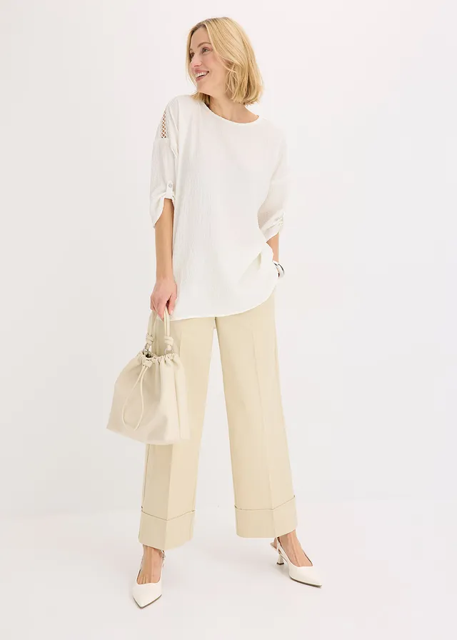 Blouse texturée avec bande de dentelle, Couleur: écru