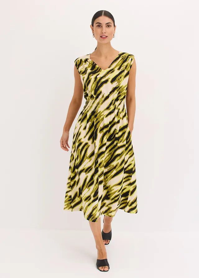 Robe en jersey à taille smockée, Couleur: beige naturel/noir imprimé zèbre