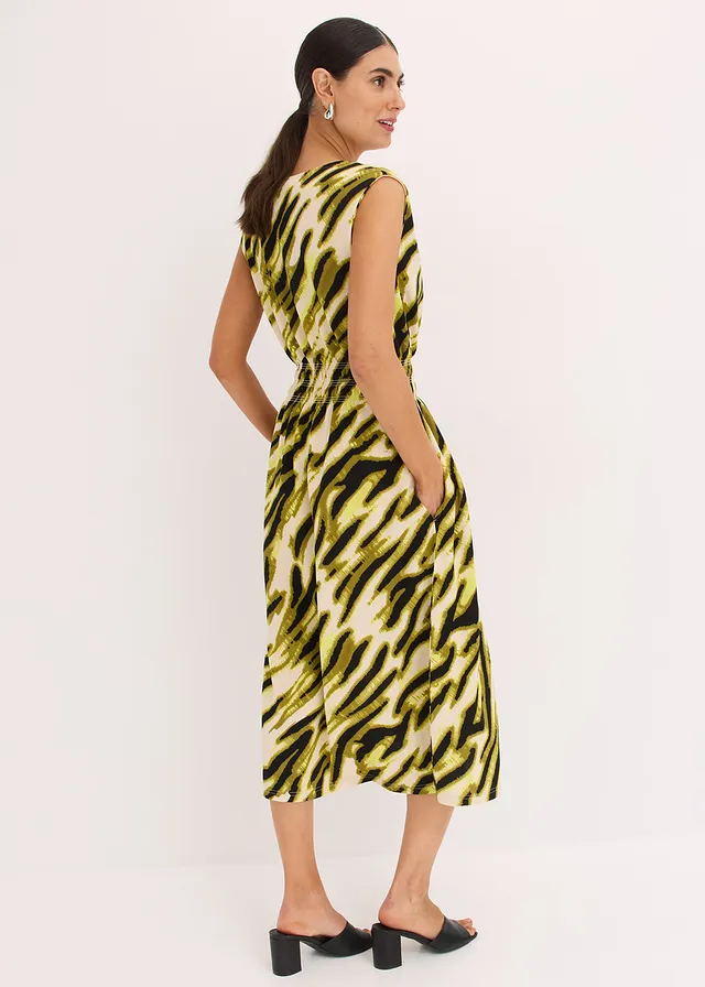 Robe en jersey à taille smockée, Couleur: beige naturel/noir imprimé zèbre
