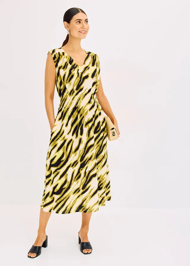 Robe en jersey à taille smockée, Couleur: beige naturel/noir imprimé zèbre