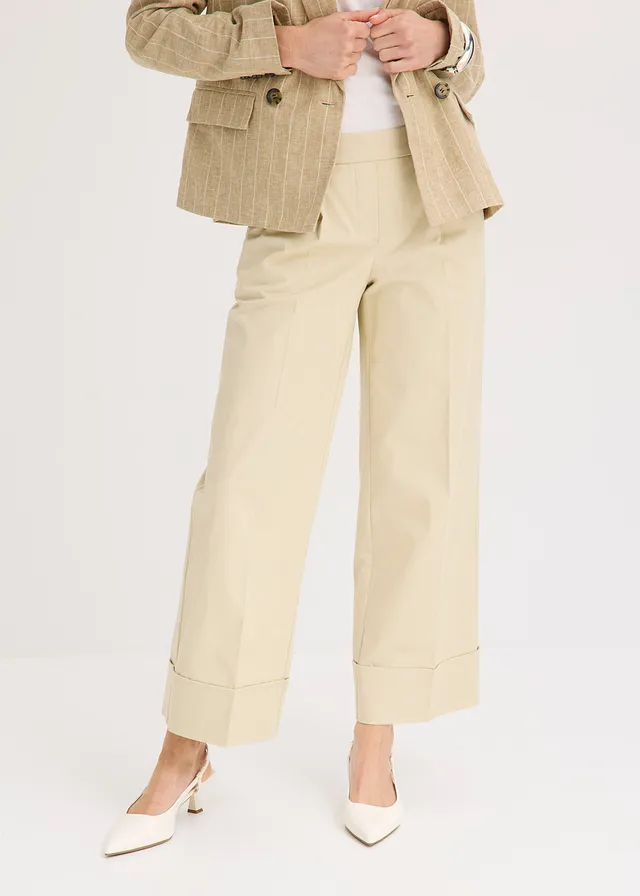 Pantalon à pinces en coton extensible, Couleur: sable clair