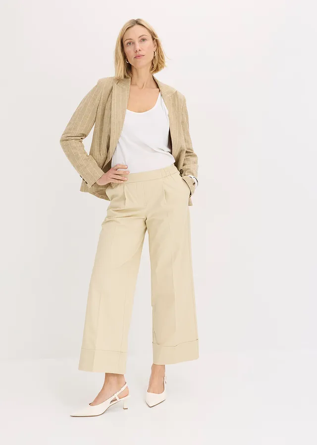 Pantalon à pinces en coton extensible, Couleur: sable clair