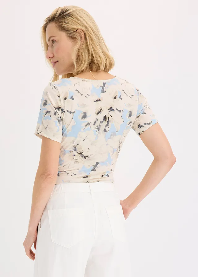 Body à fronces, Couleur: bleu poudré/beige naturel floral