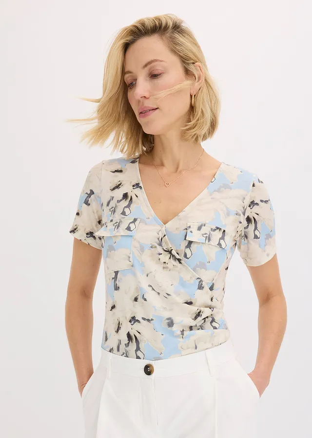 Body à fronces, Couleur: bleu poudré/beige naturel floral