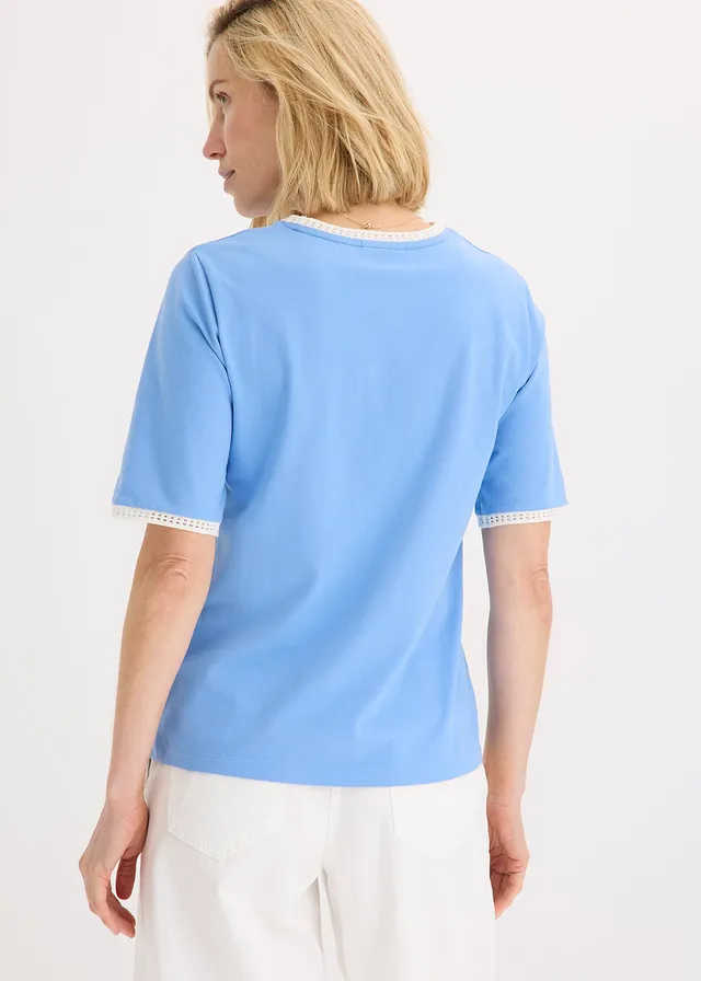 T-shirt à liserés en dentelle, Couleur: bleu moyen-écru