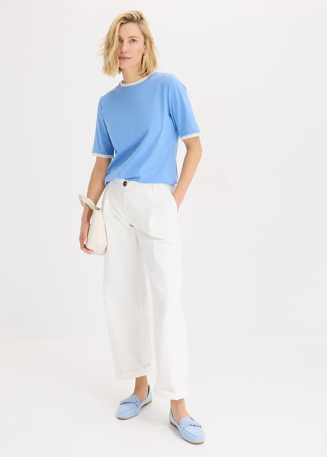 T-shirt à liserés en dentelle, Couleur: bleu moyen-écru