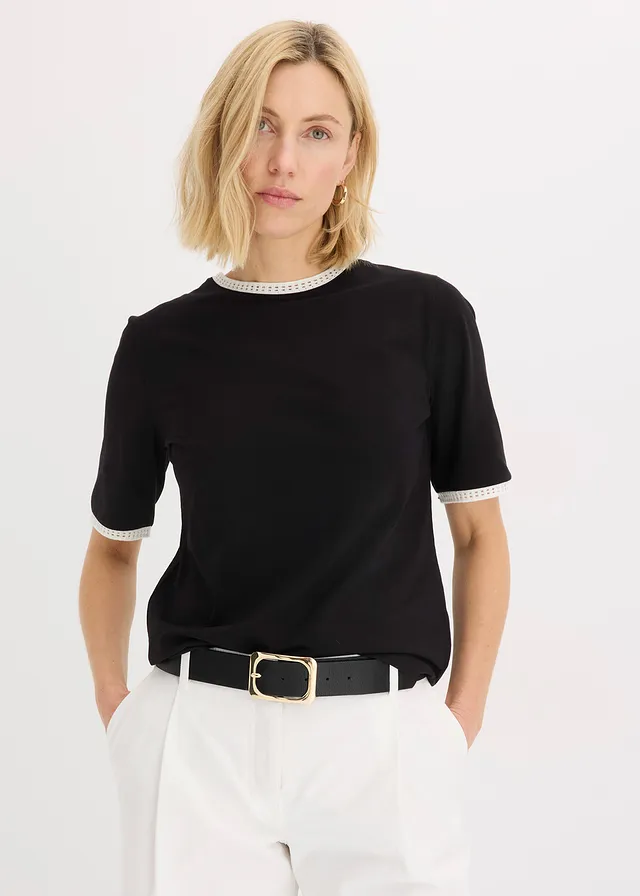 Shirt met kanten rand, Kleur: zwart/wolwit