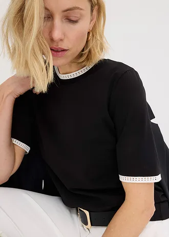 Bluză cu mâneci scurte cu margine din dantelă • negru/ecru • magazin bonprix