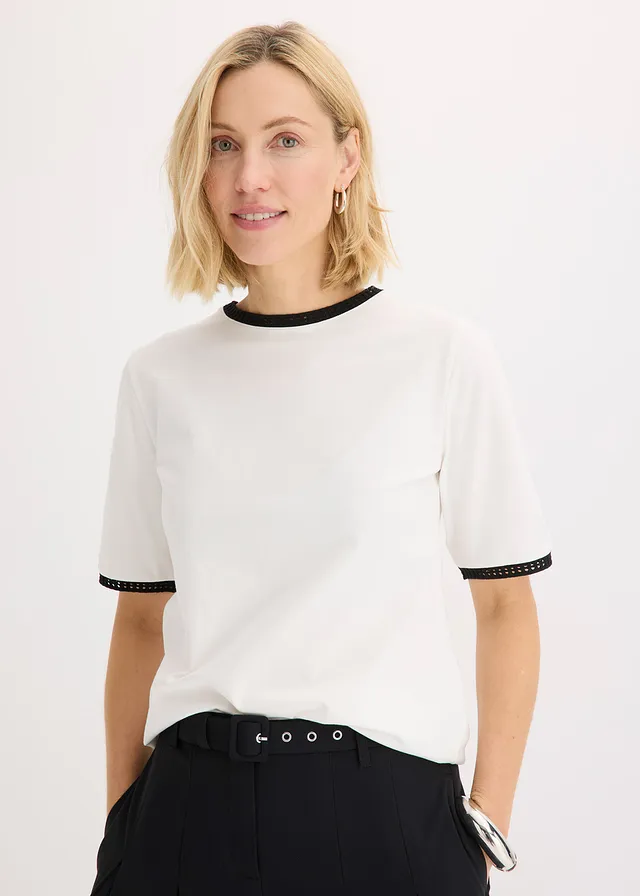 Shirt met kanten rand, Kleur: wolwit-zwart