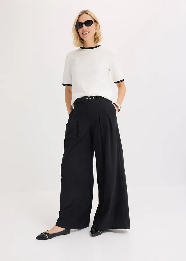 Shirt met kanten rand, Kleur: wolwit-zwart