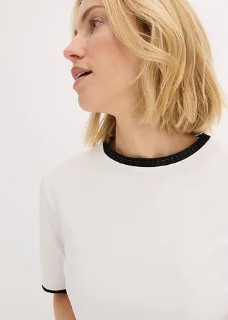 Bluză cu mâneci scurte cu margine din dantelă • ecru/negru • magazin bonprix