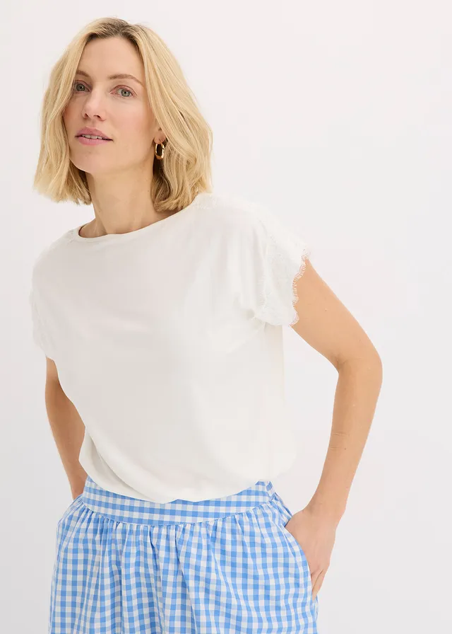 T-shirt en viscose avec dentelle, Couleur: écru
