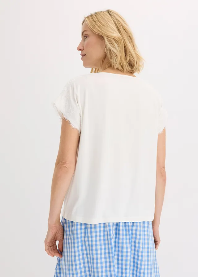 T-shirt en viscose avec dentelle, Couleur: écru