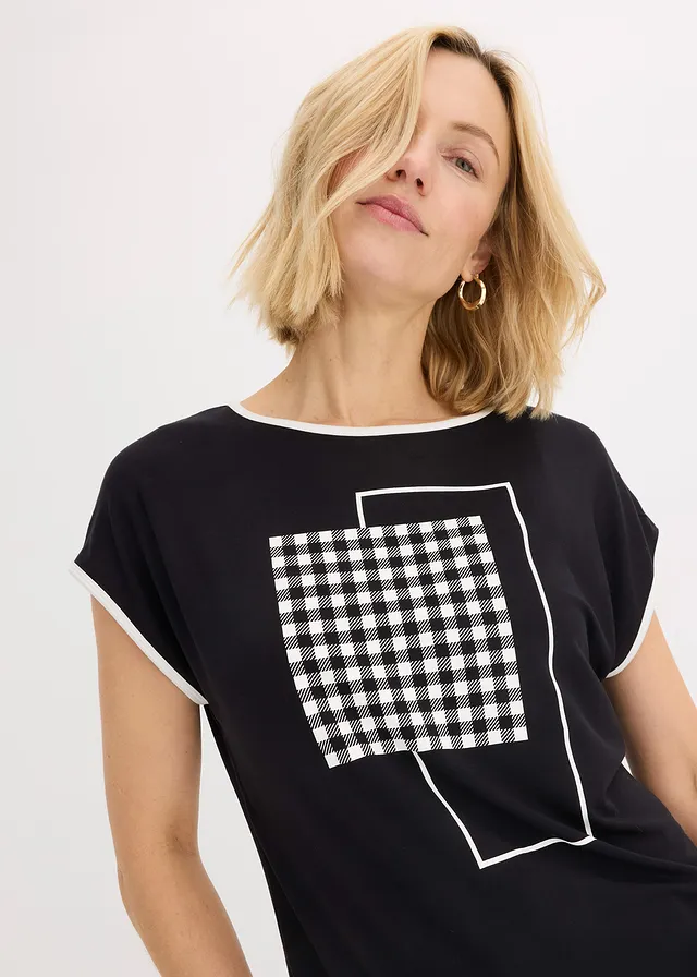 Shirt met biezen in een contrastkleur • zwart-wolwit met print • product-page.page-title-suffix