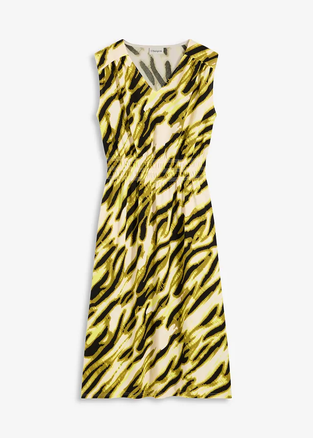 Robe en jersey à taille smockée, Couleur: beige naturel/noir imprimé zèbre