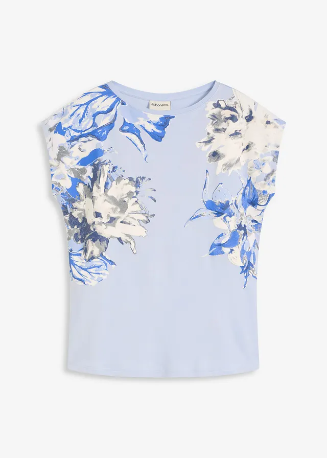 T-shirt z obniżoną linią ramion • niebieski pudrowy-biel wełny-naturalny beżowy-dymny szary w kwiaty • sklep bonprix