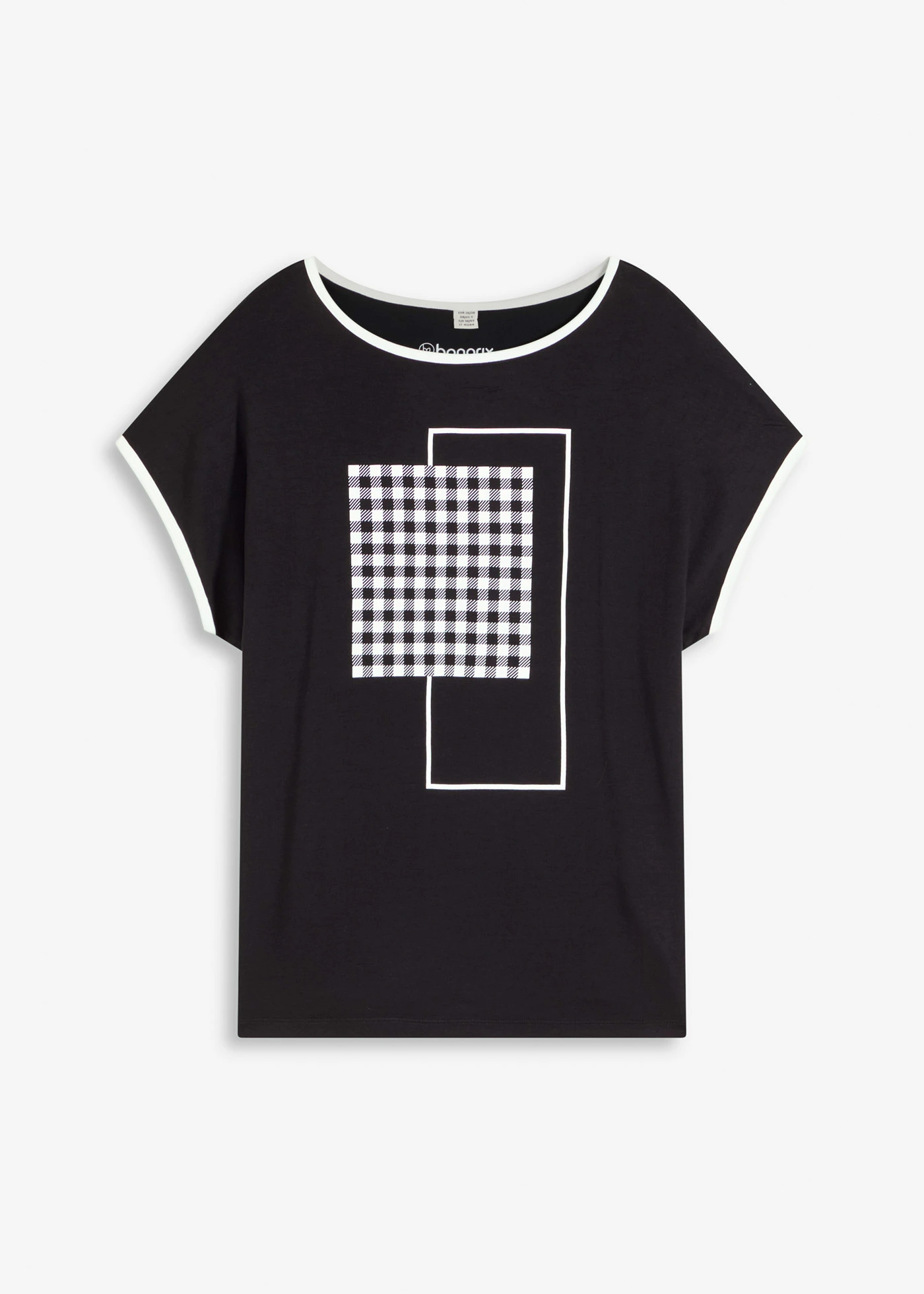 T-shirt z kontrastową lamówką • czarny + biel wełny z nadrukiem • sklep bonprix