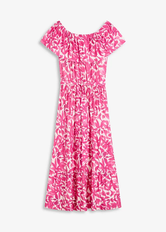 Rochie midi cu model carmen, din material moale cu viscoză