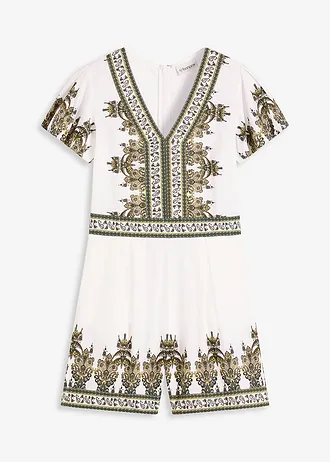 Jumpsuit met linnen, Kleur: wolwit/olijfgroen paisley