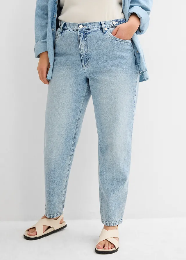 High waist mom jeans, cropped, Kleur: ijsblauw denim used