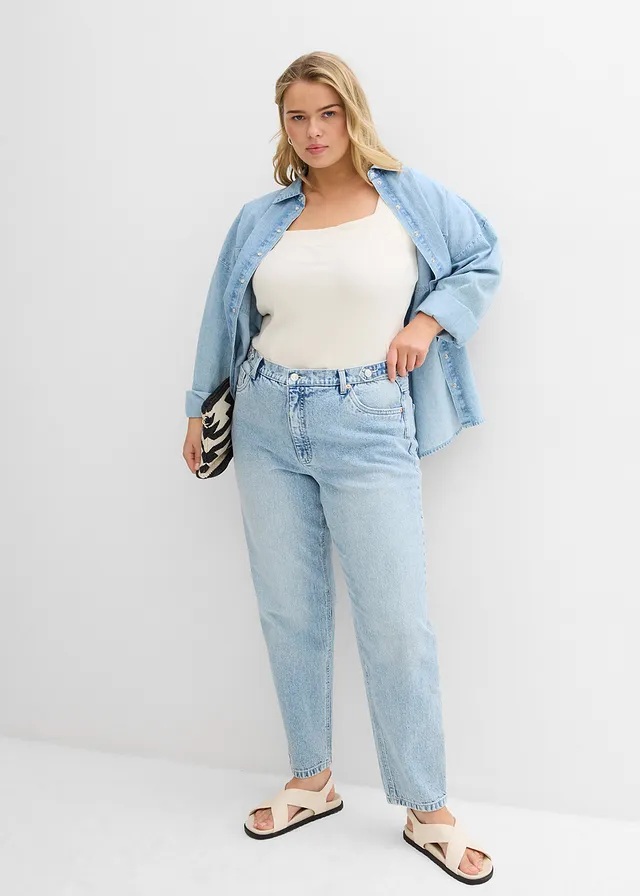 Jean mom taille haute, cropped, Couleur: bleu glacier denim used