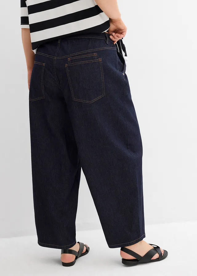 Ballonjeans mid waist, cropped, Kleur: nachtblauw denim