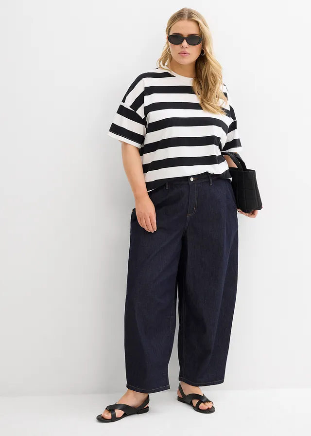 Ballonjeans mid waist, cropped, Kleur: nachtblauw denim