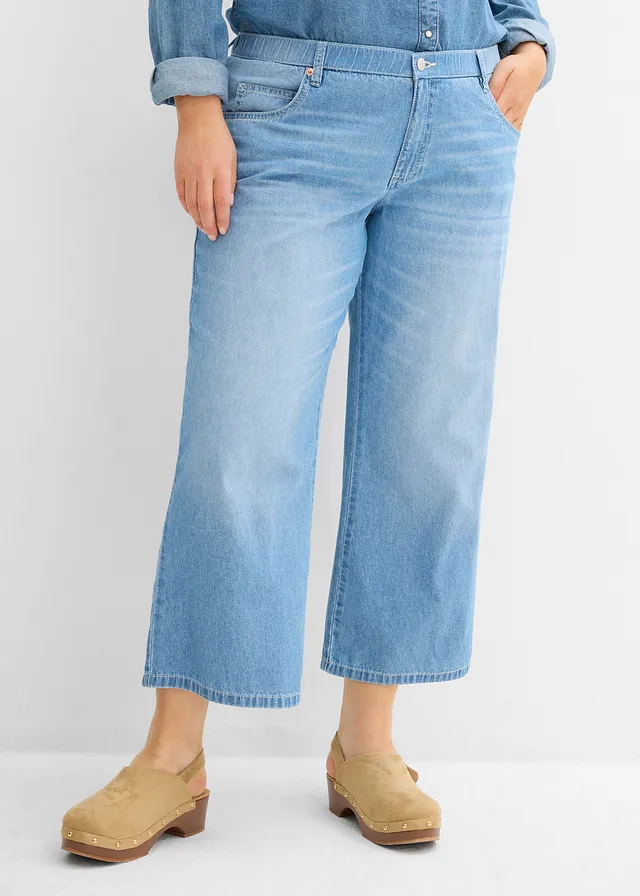 Jean droit taille mi-haute et élastiquée, raccourci, Couleur: bleu glacier denim used