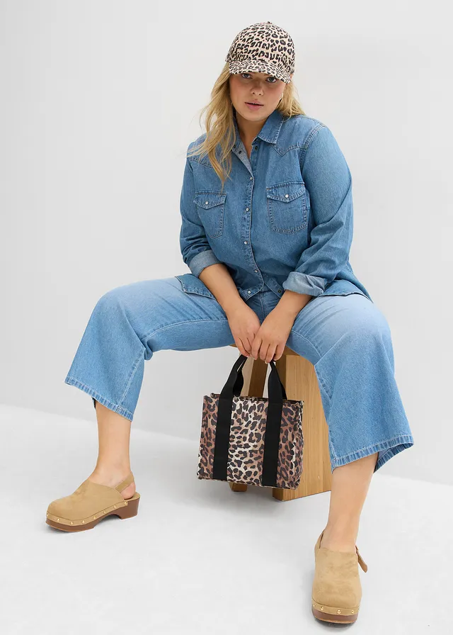 Jean droit taille mi-haute et élastiquée, raccourci, Couleur: bleu glacier denim used