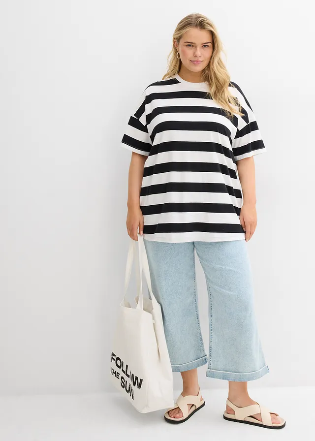 Jean large, taille haute, raccourci, Couleur: bleu glacier denim used