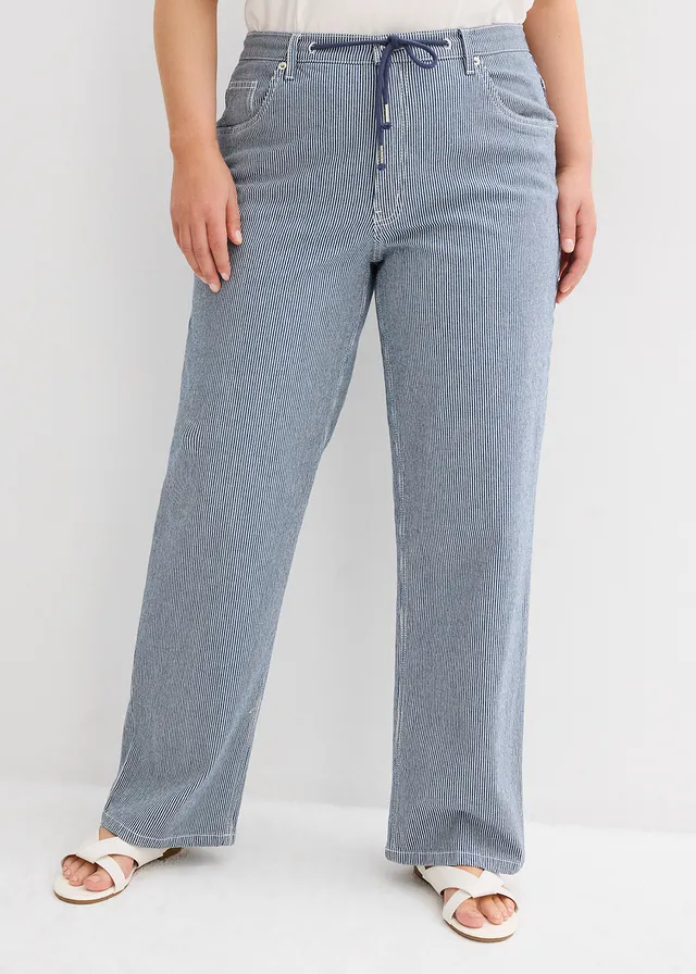 Jean droit et loose à rayures, taille haute, Couleur: bleu rayé