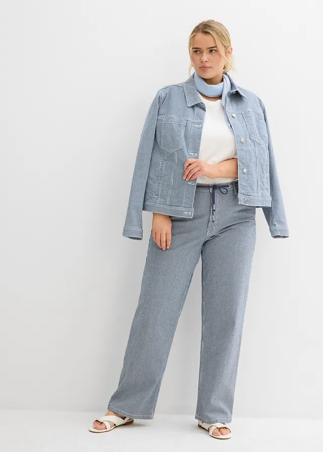 Straight jeans, high waist, gestreept, Kleur: blauw gestreept