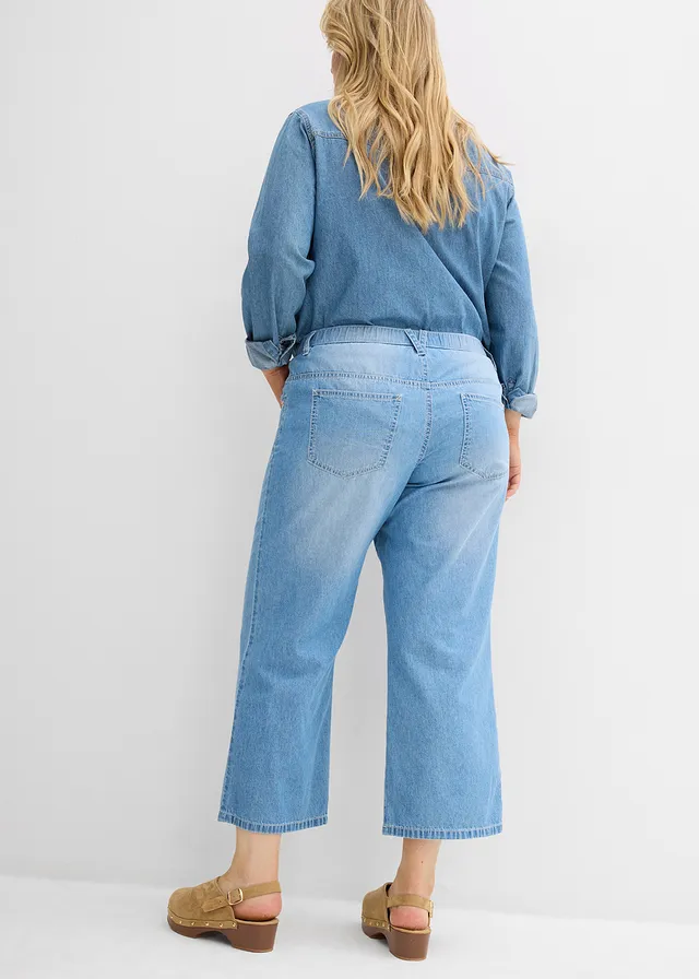 Jean droit taille mi-haute et élastiquée, raccourci, Couleur: bleu glacier denim used