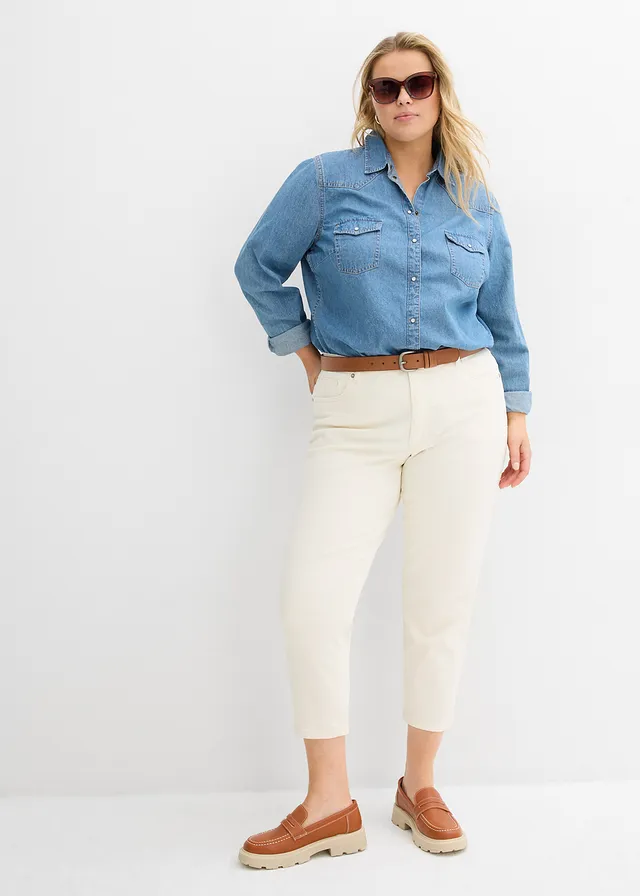 Mom jeans, high waist, low stretch cropped, Kleur: wolwit
