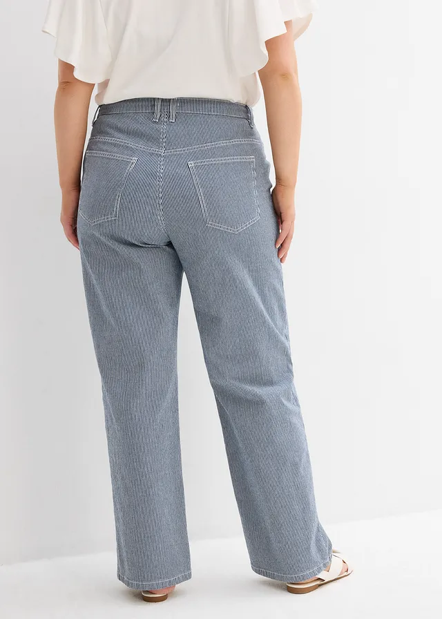 Jean droit et loose à rayures, taille haute, Couleur: bleu rayé