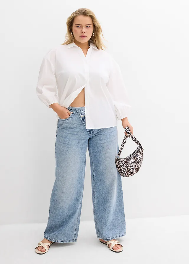 Wide leg jeans, mid waist, low stretch, Kleur: ijsblauw denim used