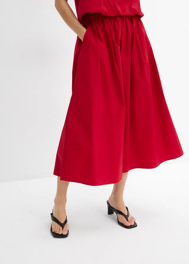 Jupe midi 100% coton, Couleur: rouge piment