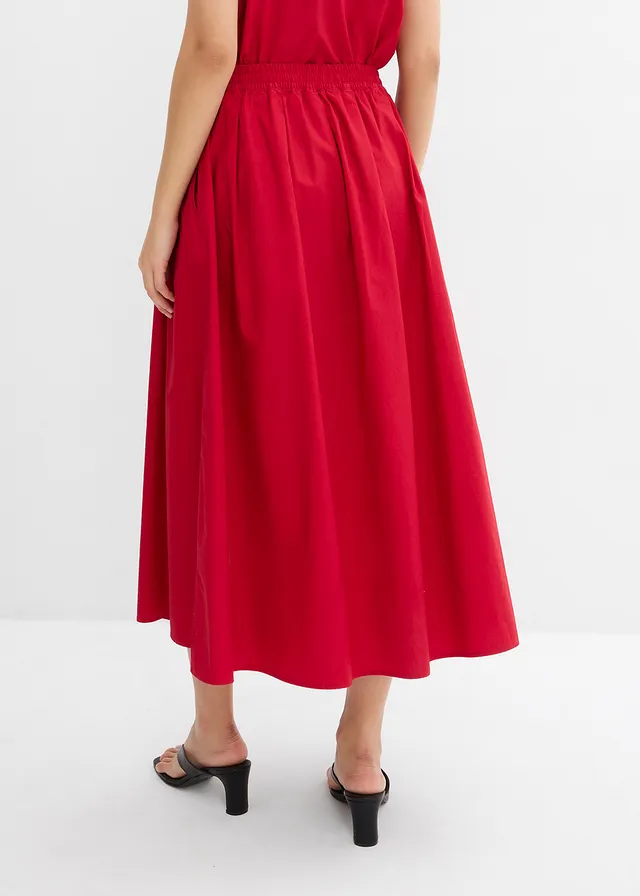 Jupe midi 100% coton, Couleur: rouge piment