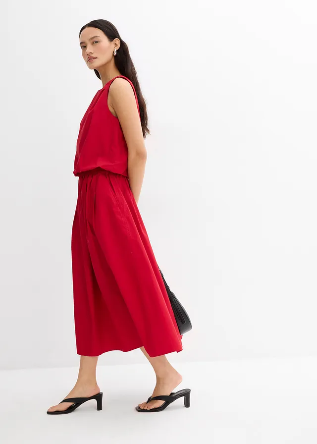 Jupe midi 100% coton, Couleur: rouge piment