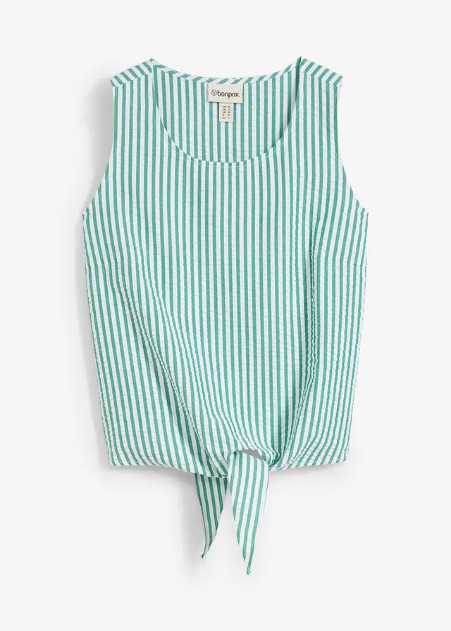 Top blouse 100% coton, Couleur: vert brillant/blanc rayé