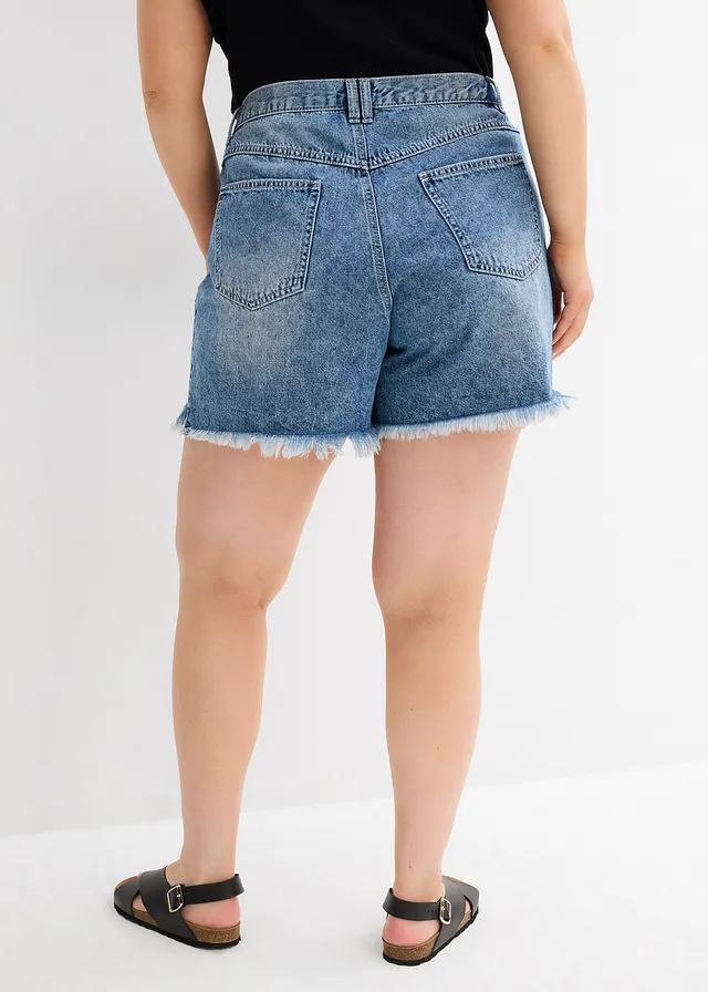 Short en jean taille haute, peu stretch, Couleur: bleu denim used