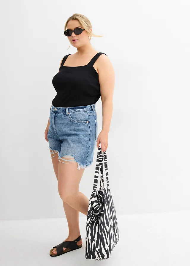 Short en jean taille haute, peu stretch, Couleur: bleu denim used
