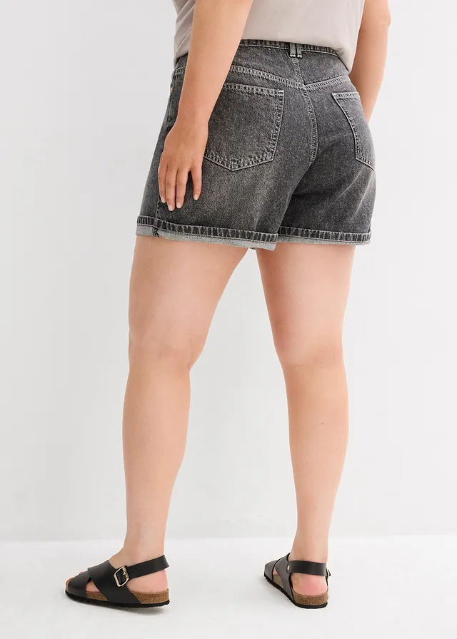 Short en jean taille haute, peu extensible, Couleur: noir denim used