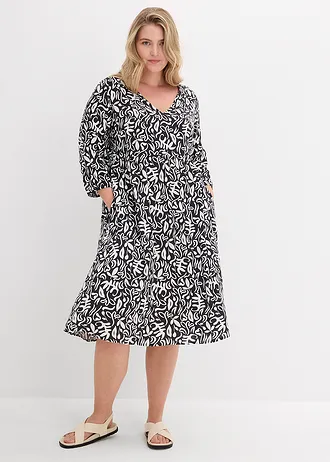 Midi jurk van vloeiende viscose, Kleur: zwart-wolwit gedessineerd