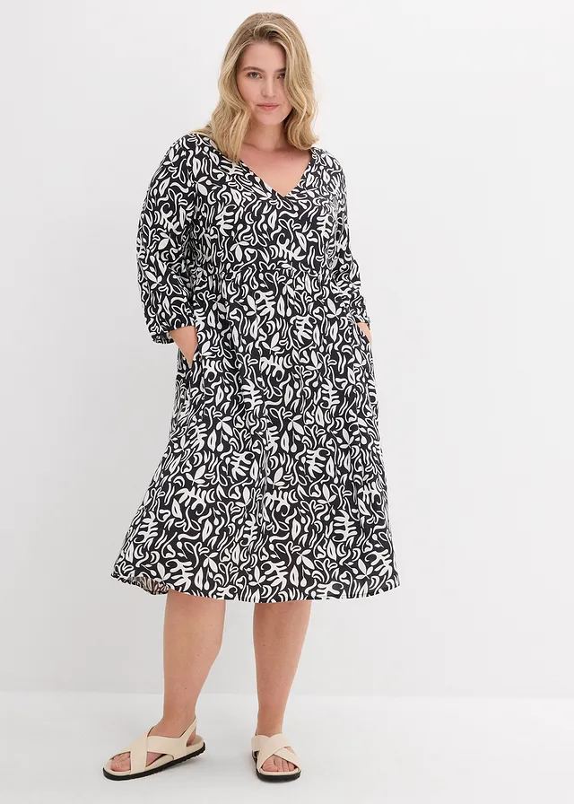 Robe midi en viscose fluide, Couleur: noir/écru imprimé