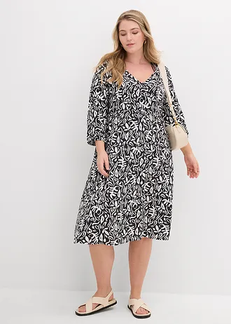 Rochie midi din viscoză fluidă, culoare: negru/ecru