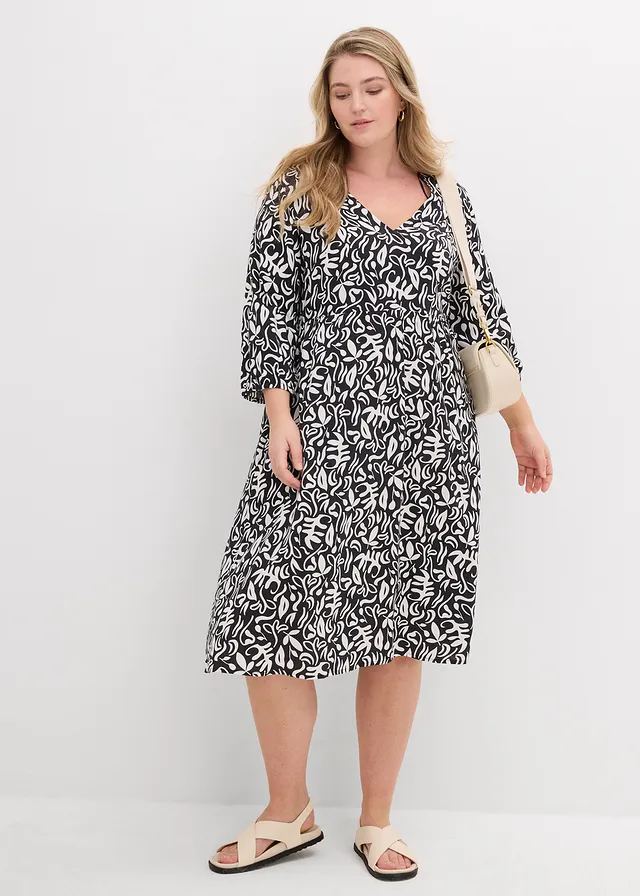 Robe midi en viscose fluide, Couleur: noir/écru imprimé