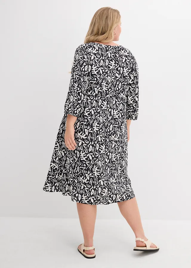 Robe midi en viscose fluide, Couleur: noir/écru imprimé
